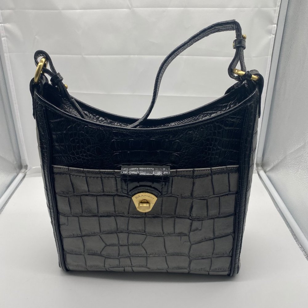 JS EUC Brahmin Leather Handbag Shoulder  Purse Bag Black Gray